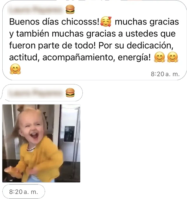 Mensaje de WhatsApp de Mandato a Frato: Buenos días chicosss! muchas gracias y también muchas gracias a ustedes que fueron parte de todo! Por su dedicación, actitud, acompañamiento, energía! (GIF)